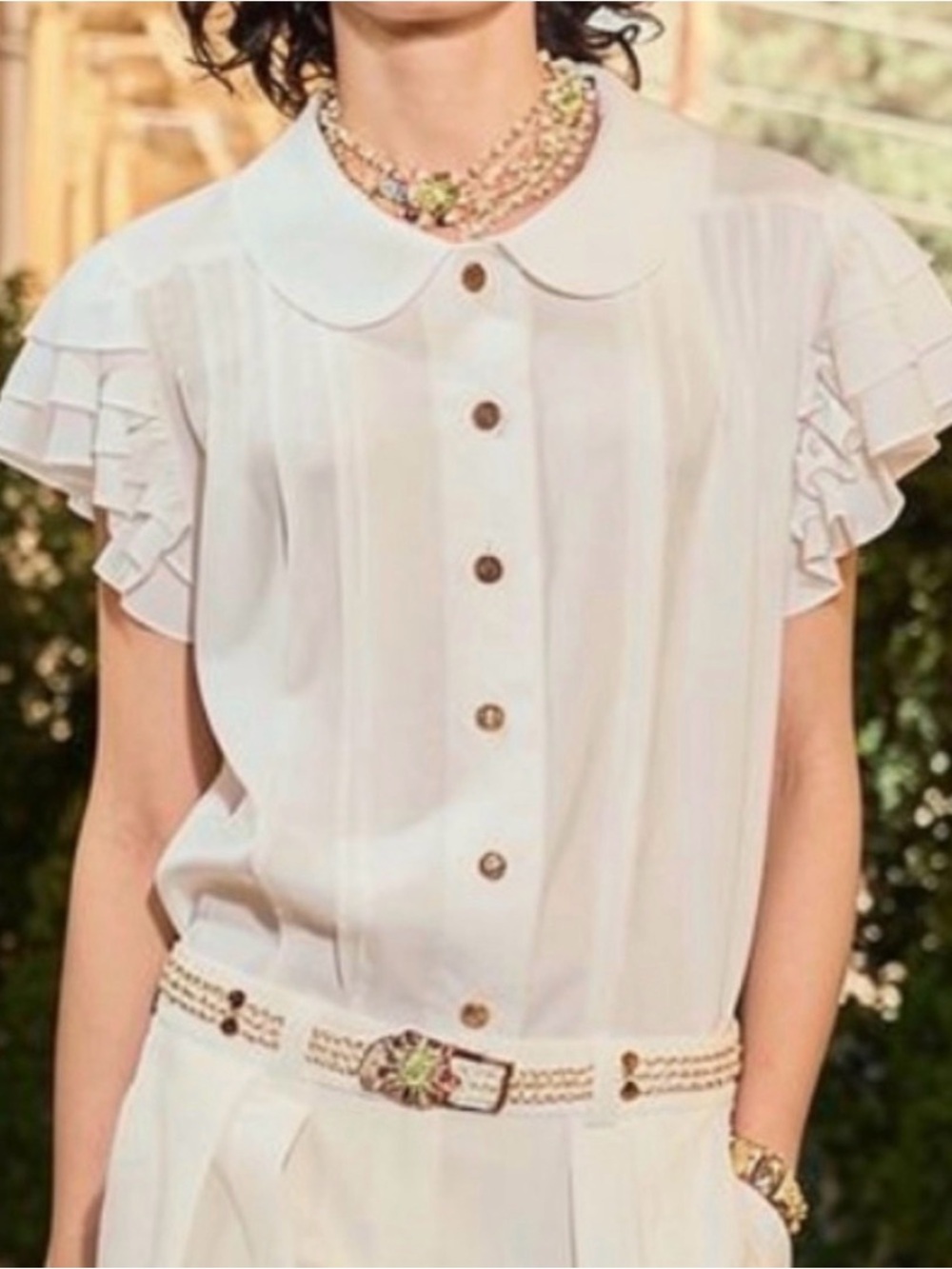 Rare Vintage CHANEL Ruffled Cap Sleeve Button-Up Linen Top